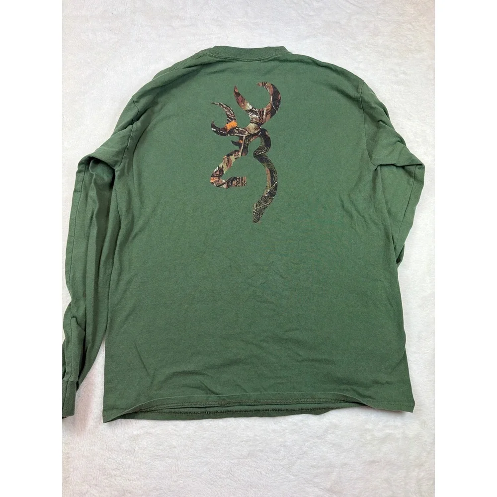 Browning Mens Long Sleeve T-Shirt Green Camo Buckmark Logo Graphic Tee Large